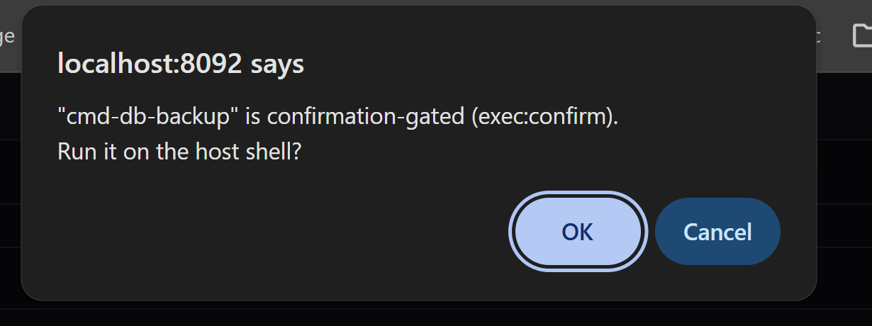 A confirmation dialog showing the exact command the model suggested, with the user asked to approve before it executes.