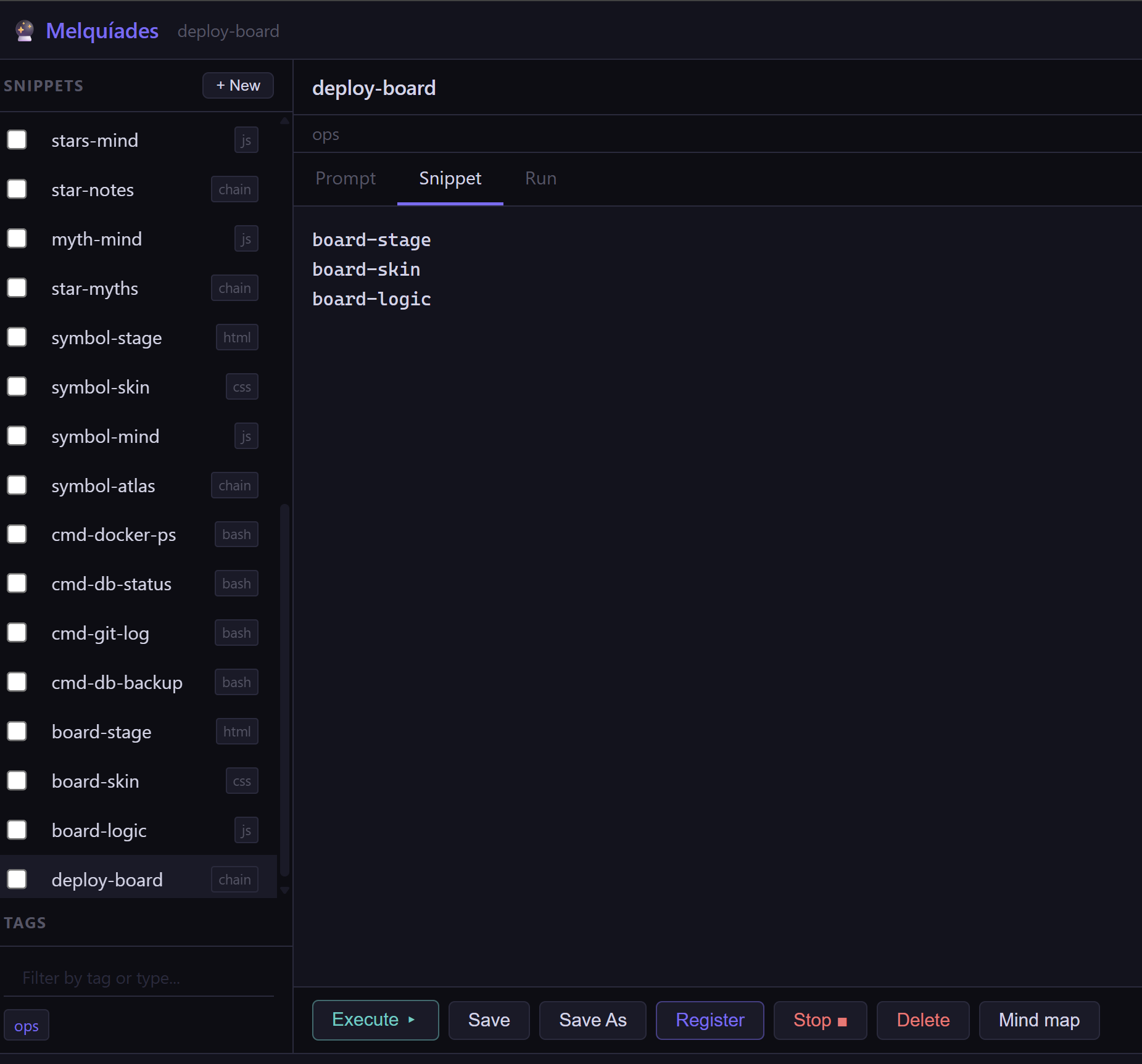A chain snippet open in the editor, its body a short list of other snippet names.