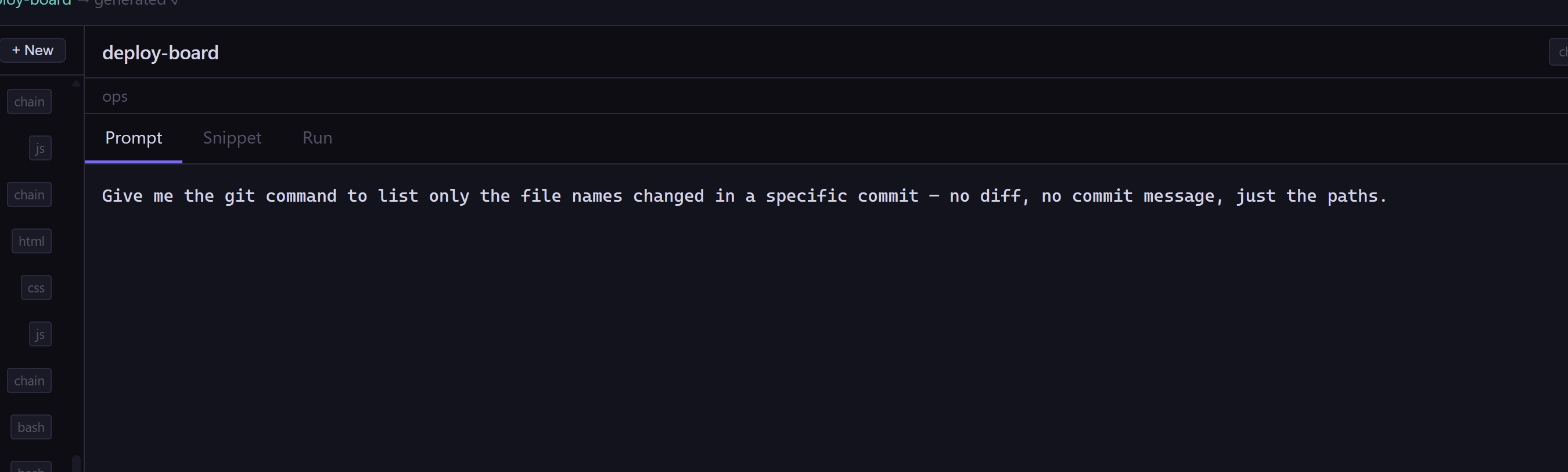 The deploy board asking the local model for a git command; the model returns a single suggested command in the panel.
