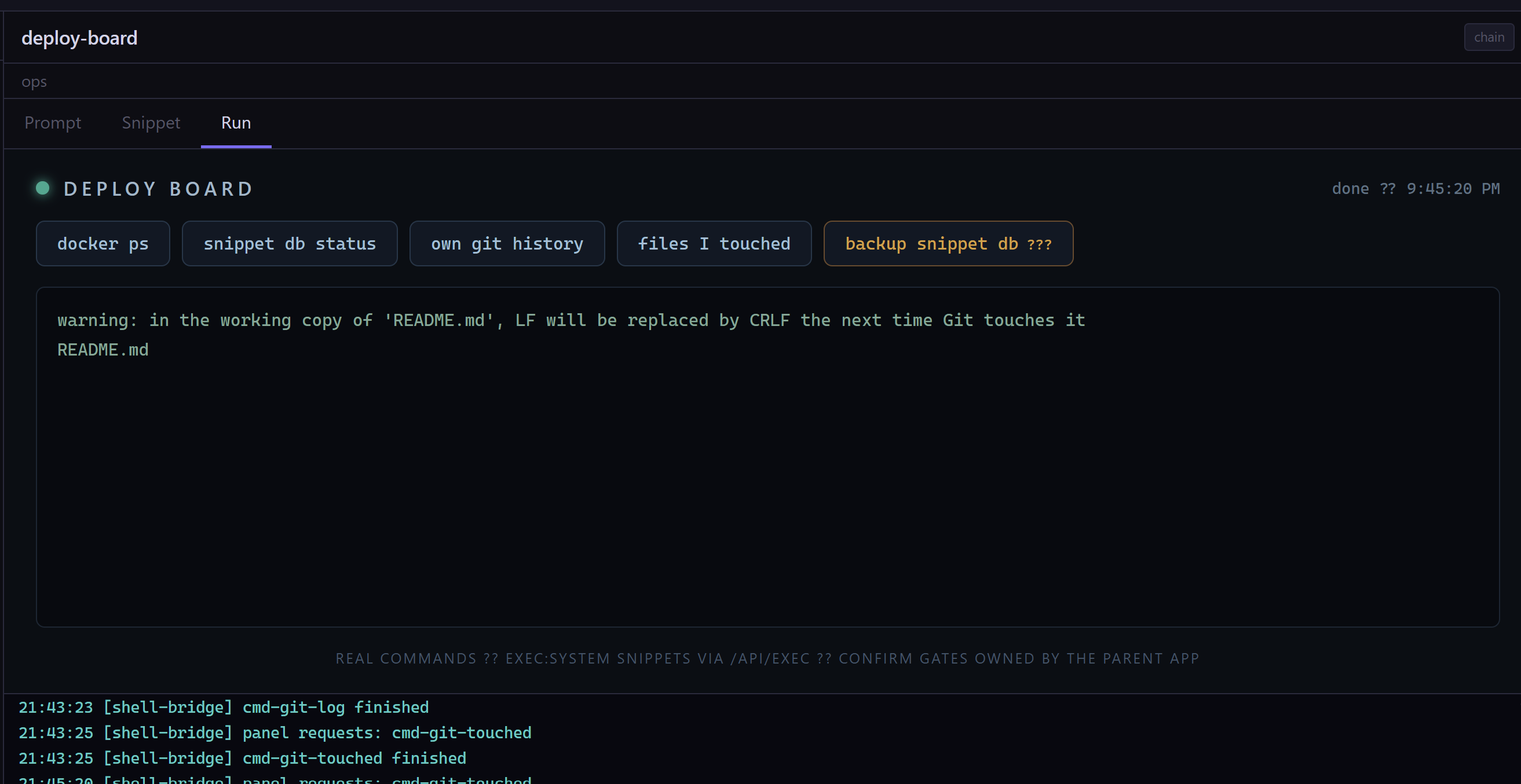 A new 'files I touched' button on the deploy board showing the output of git diff --name-only.