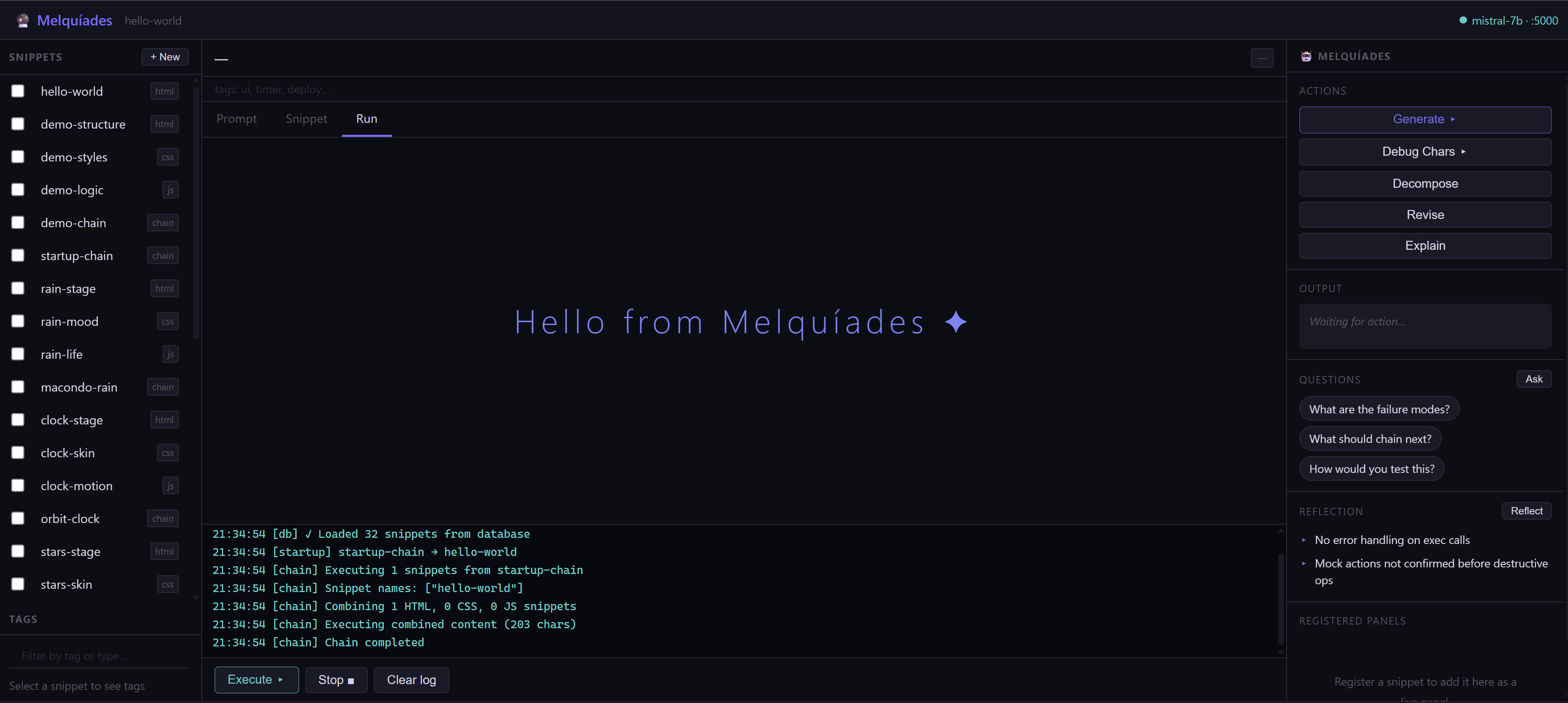 The Melquíades interface: snippet list on the left, editor in the middle, run output on the right.